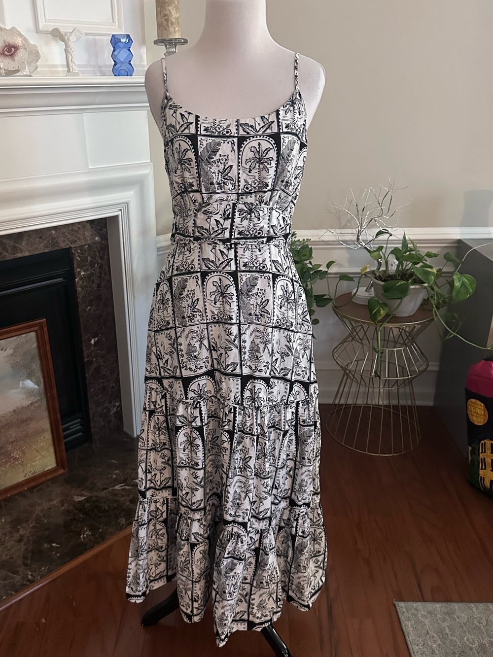 Black & White Exotic Print Tiered Maxi Dress Linen